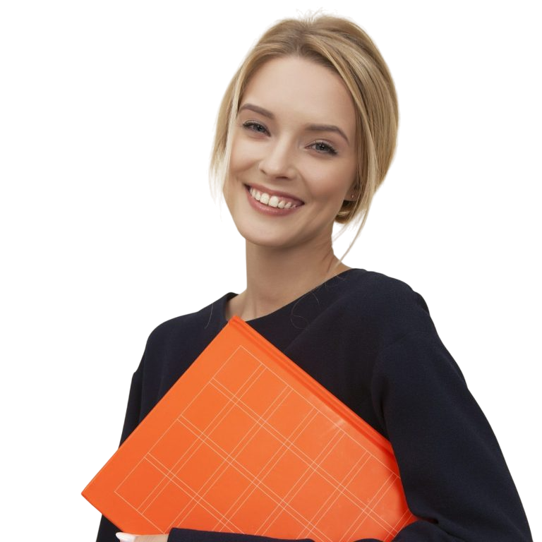 Smiling student with an orange folder in her hand.