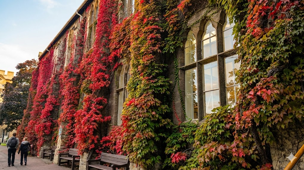 Two students walking past the historic, ivy-covered Francis Close Hall campus building in Spring, perfectly situated for those looking for a student room near Francis Close Hall.