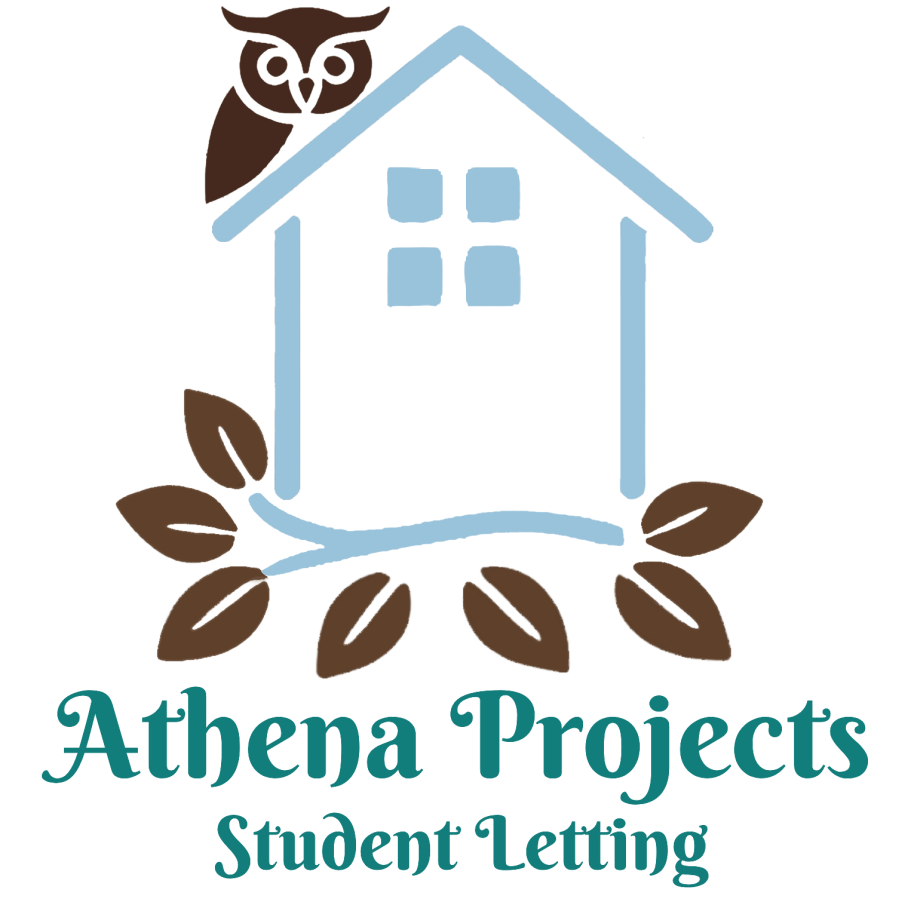 Athena Projects Student Letting logo featuring an owl perched on a house with leaves, a student letting business in Cheltenham